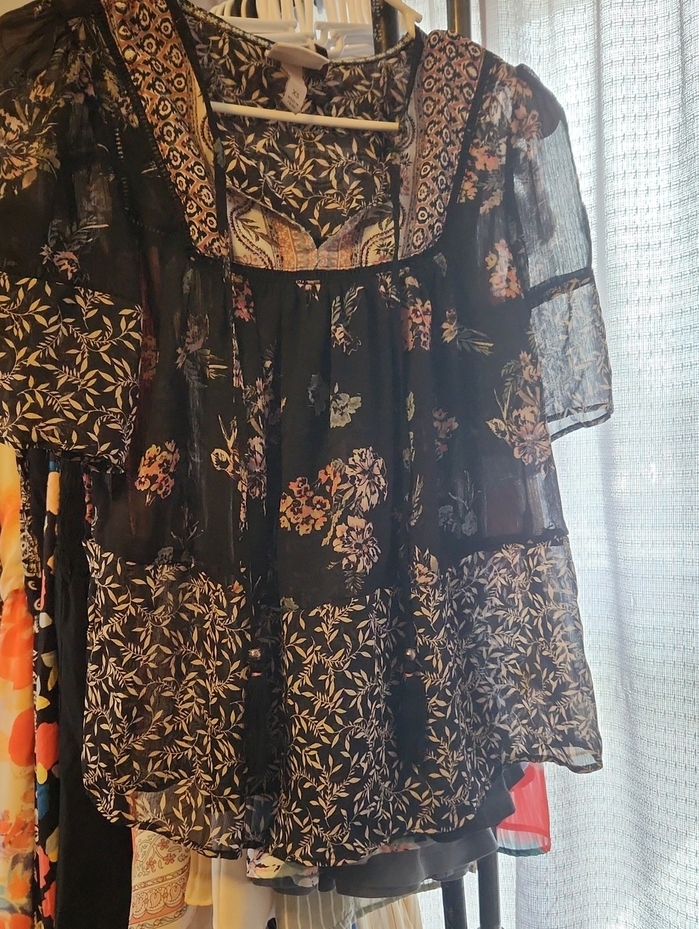 Knox Rose Black Floral Sheer Blouse with White Leaf Print